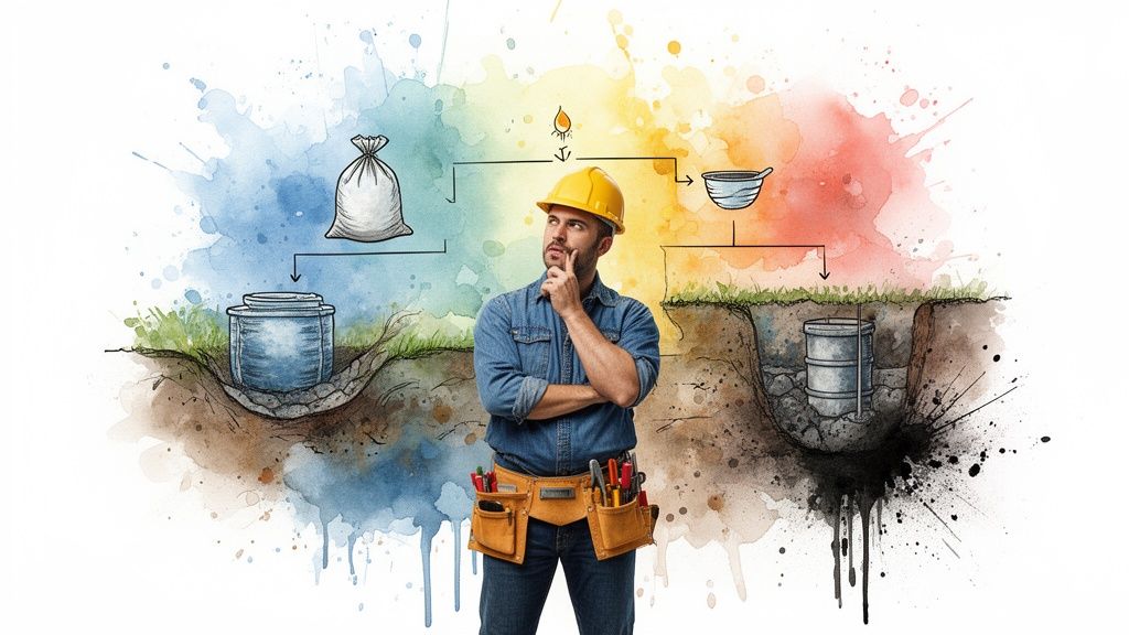 A construction worker in a hard hat considers waste management options including concrete washout pits and processes.