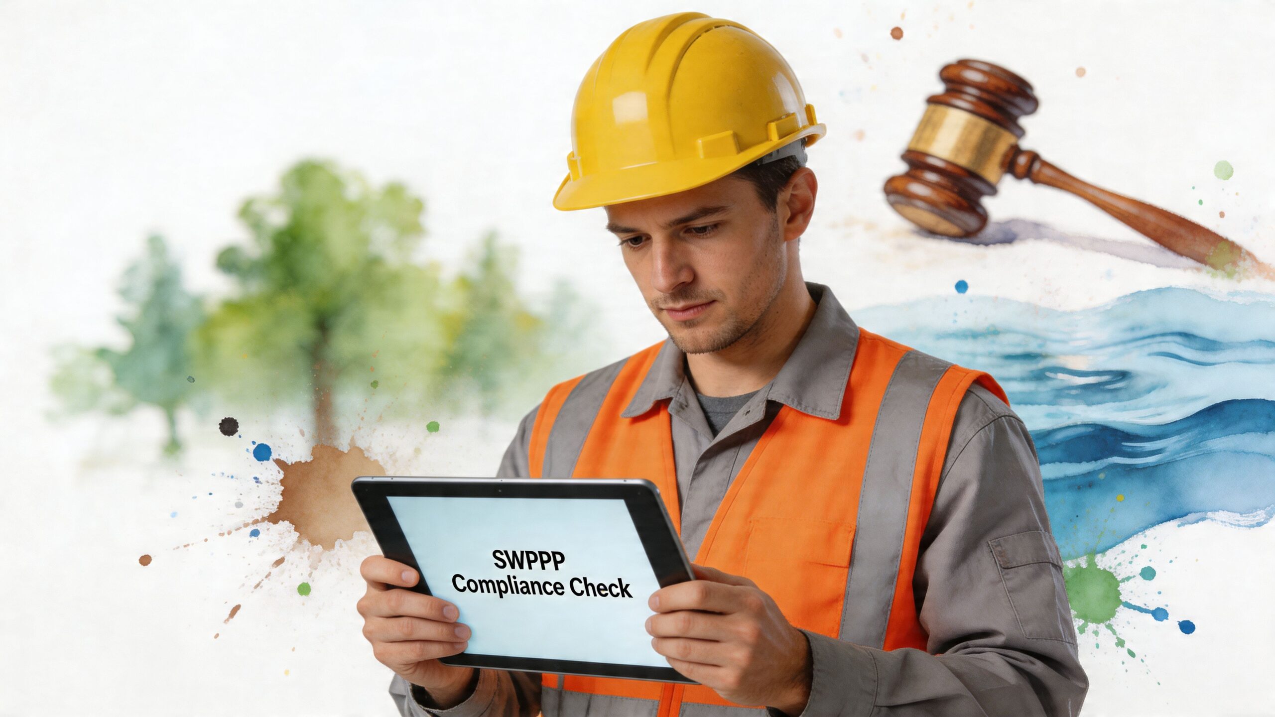 A construction worker in a safety vest using a tablet for a SWPPP compliance check on site.