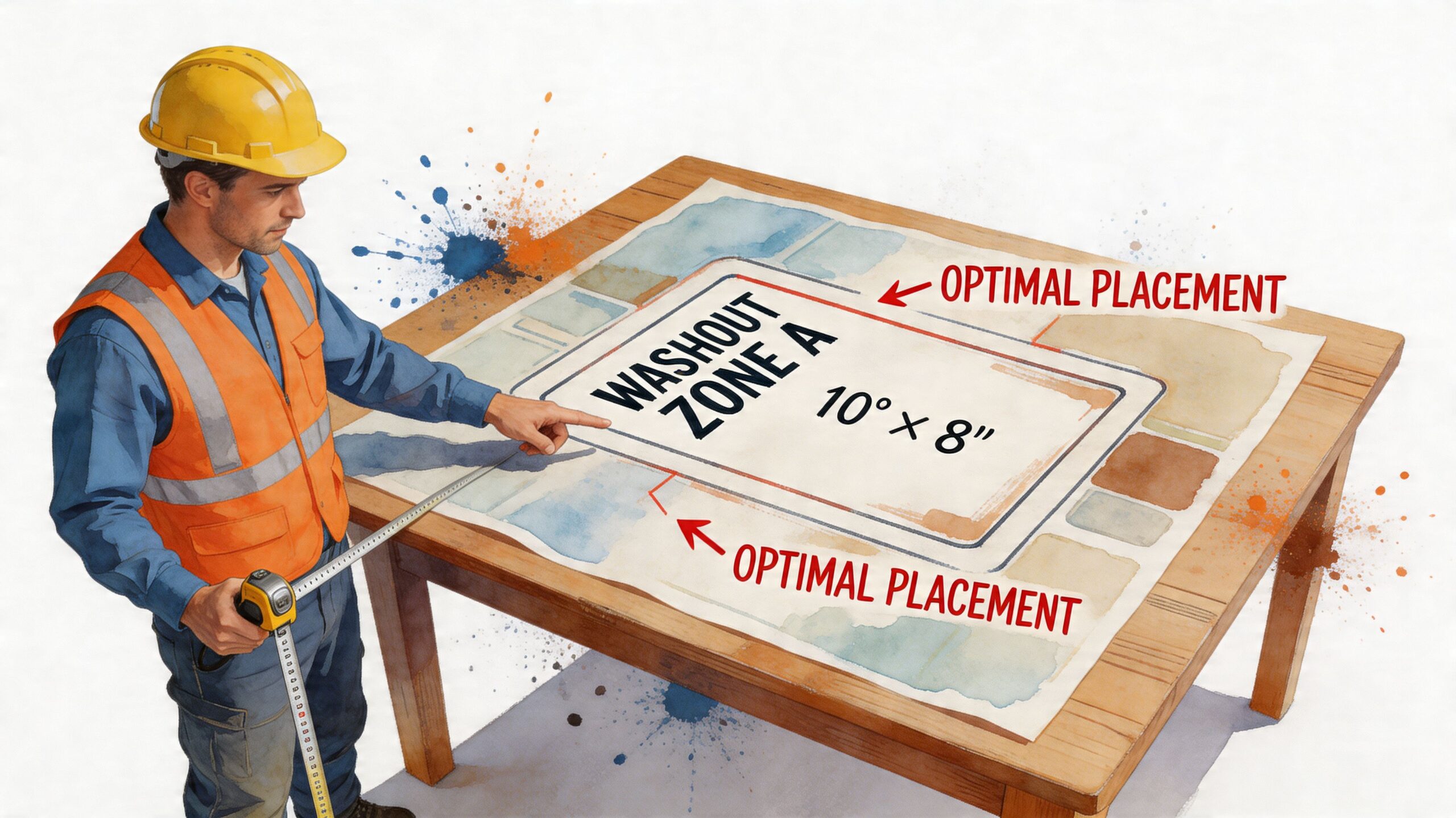 A construction worker in a safety vest and helmet planning the optimal placement for a concrete washout area.