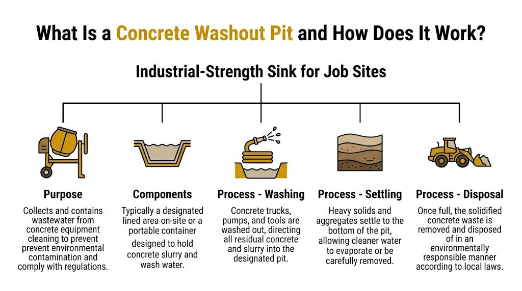 An infographic explaining the purpose, components, and process of using a concrete washout pit at job sites.
