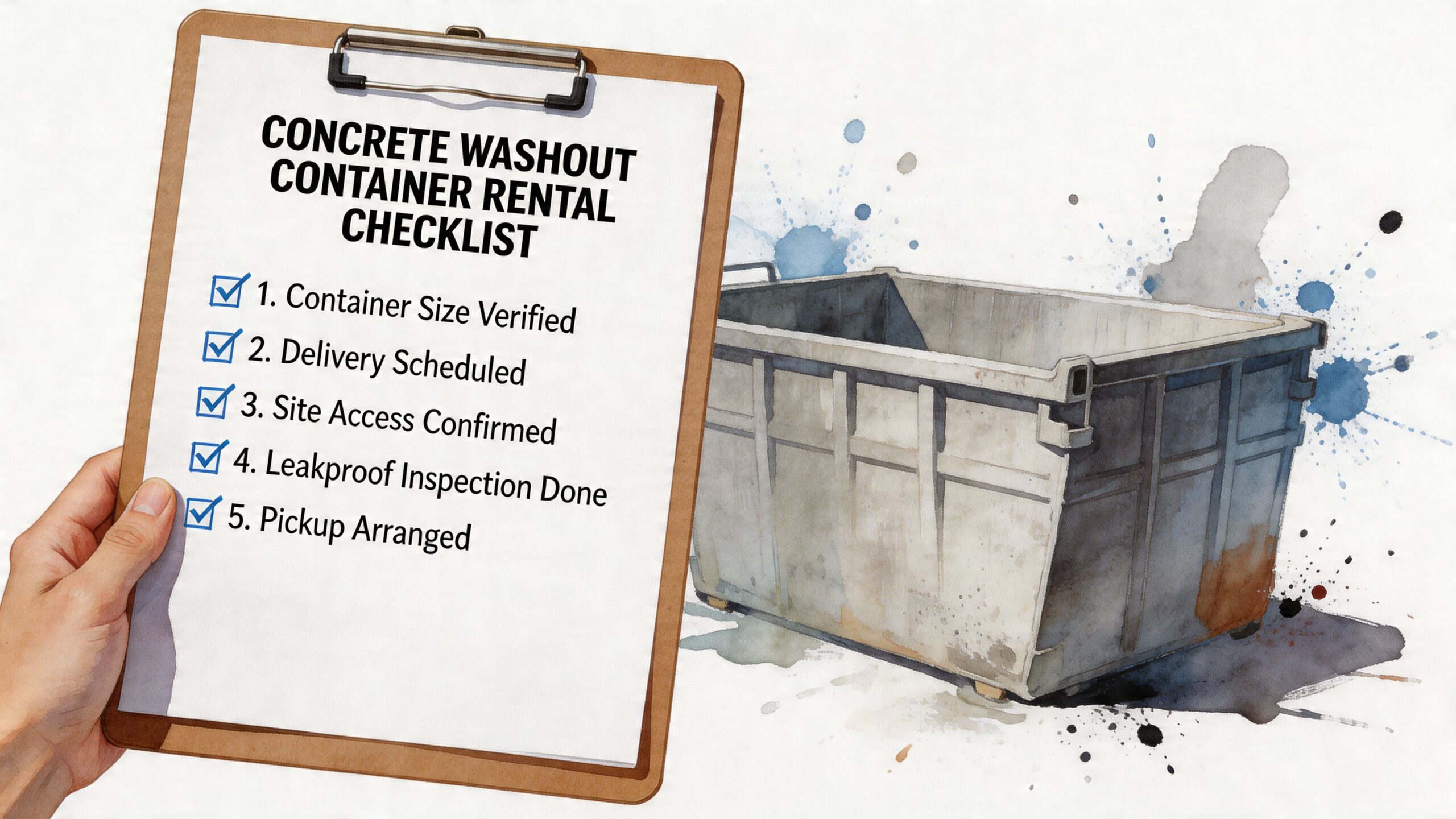 A hand holding a clipboard with a concrete washout container rental checklist next to an industrial bin.