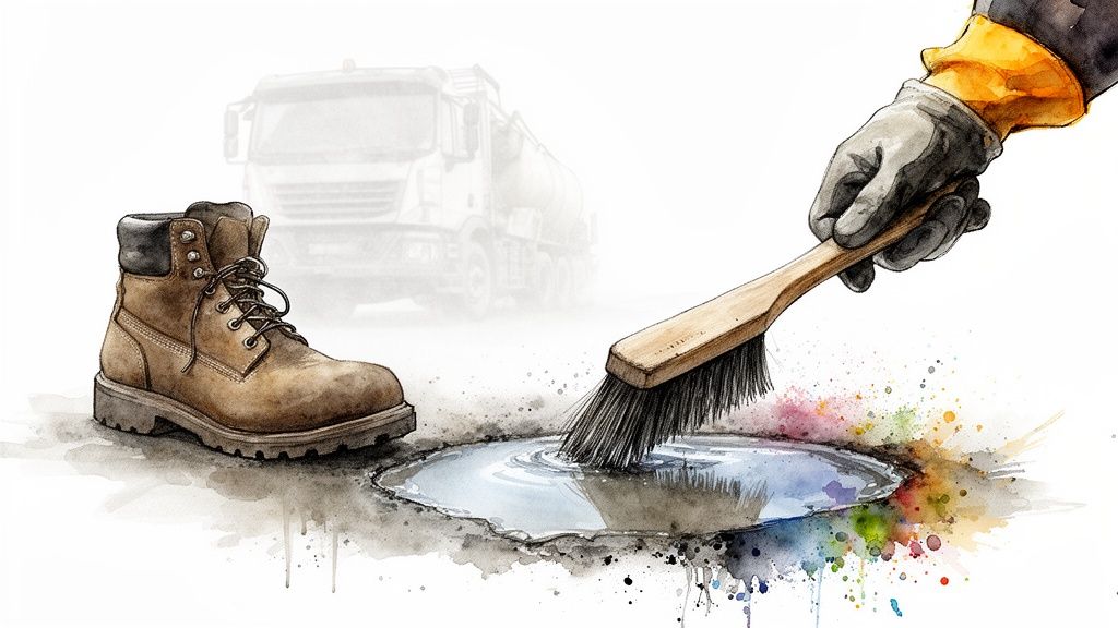A gloved hand brushes water from a colorful puddle near a work boot with a truck in the background.