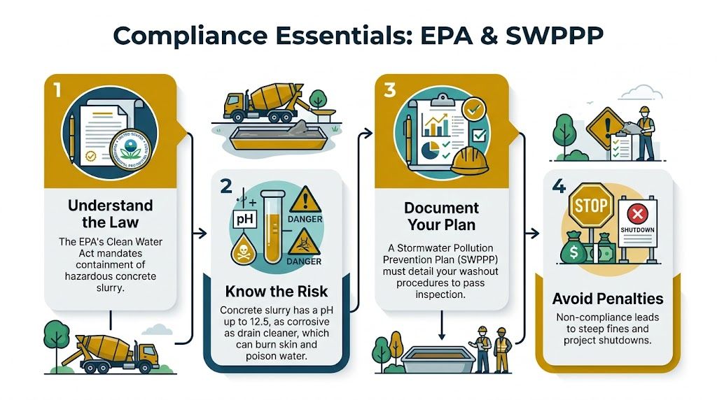 A four-step infographic illustrating EPA compliance requirements for managing hazardous concrete washout slurry at construction sites.