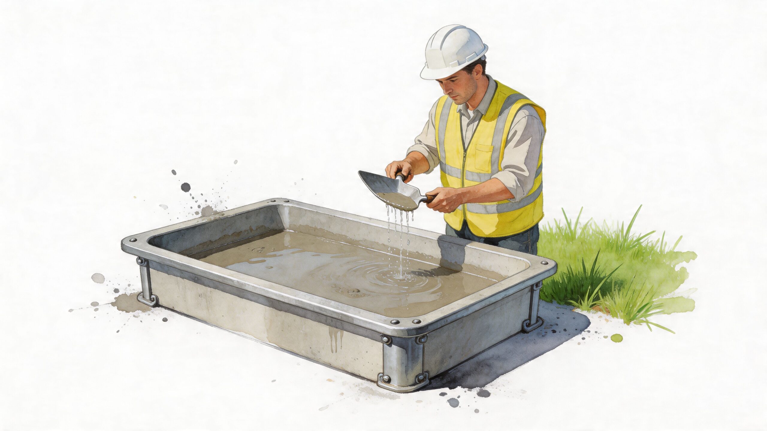 A construction worker in a hard hat and safety vest testing concrete in a washout station.