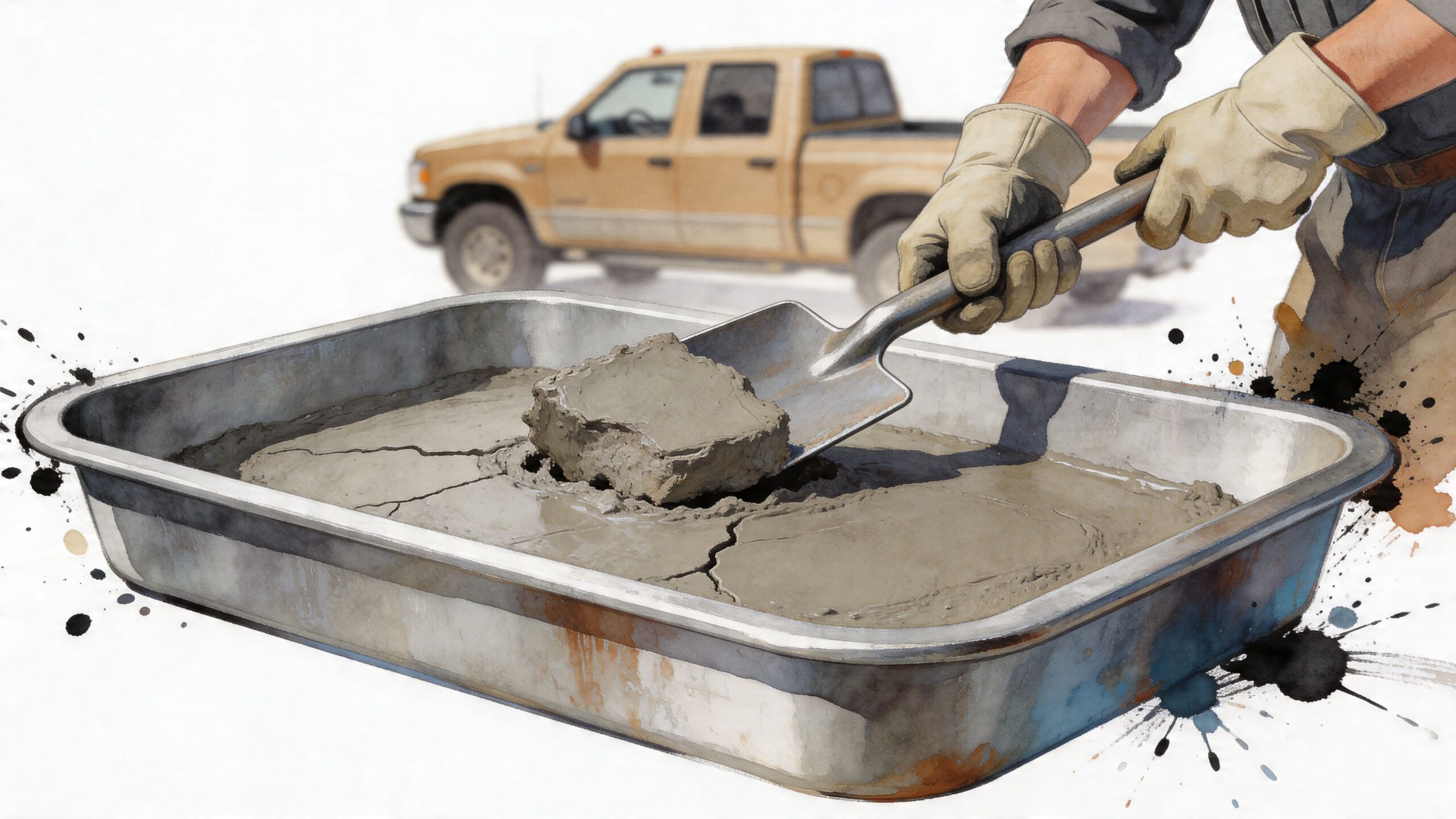 A construction worker uses a shovel to mix cement in a metal tray with a truck nearby.