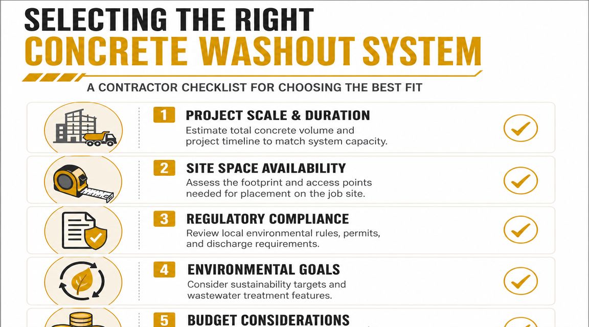 An infographic checklist for contractors to consider when selecting the right concrete washout system for construction projects.