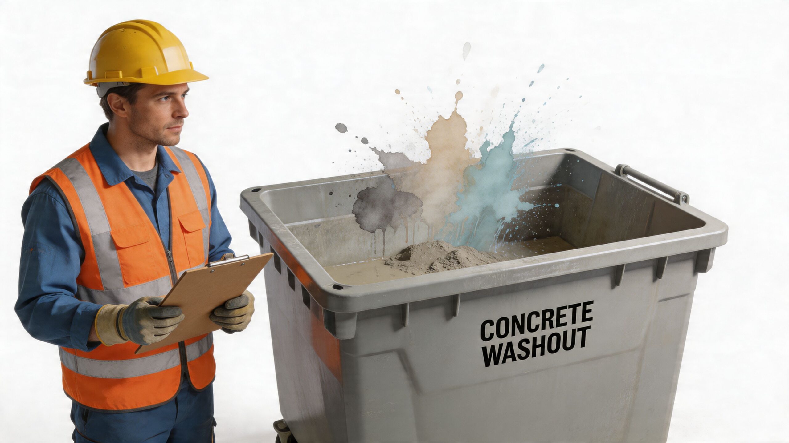 A construction worker in a safety vest and hard hat inspecting a large concrete washout container.