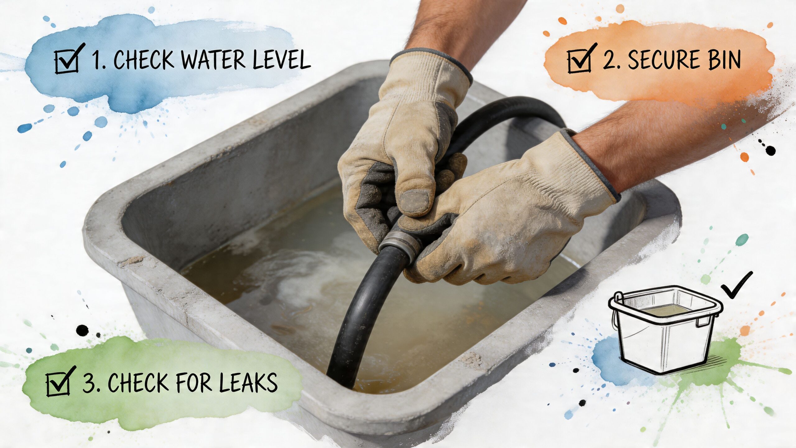 A person wearing work gloves connects a rubber hose to a concrete washout system for cleaning.