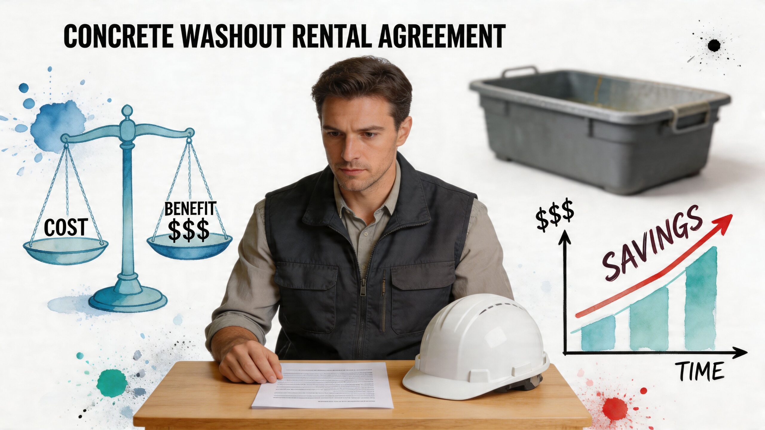 A construction professional reading a concrete washout rental agreement with illustrations of savings and benefits.