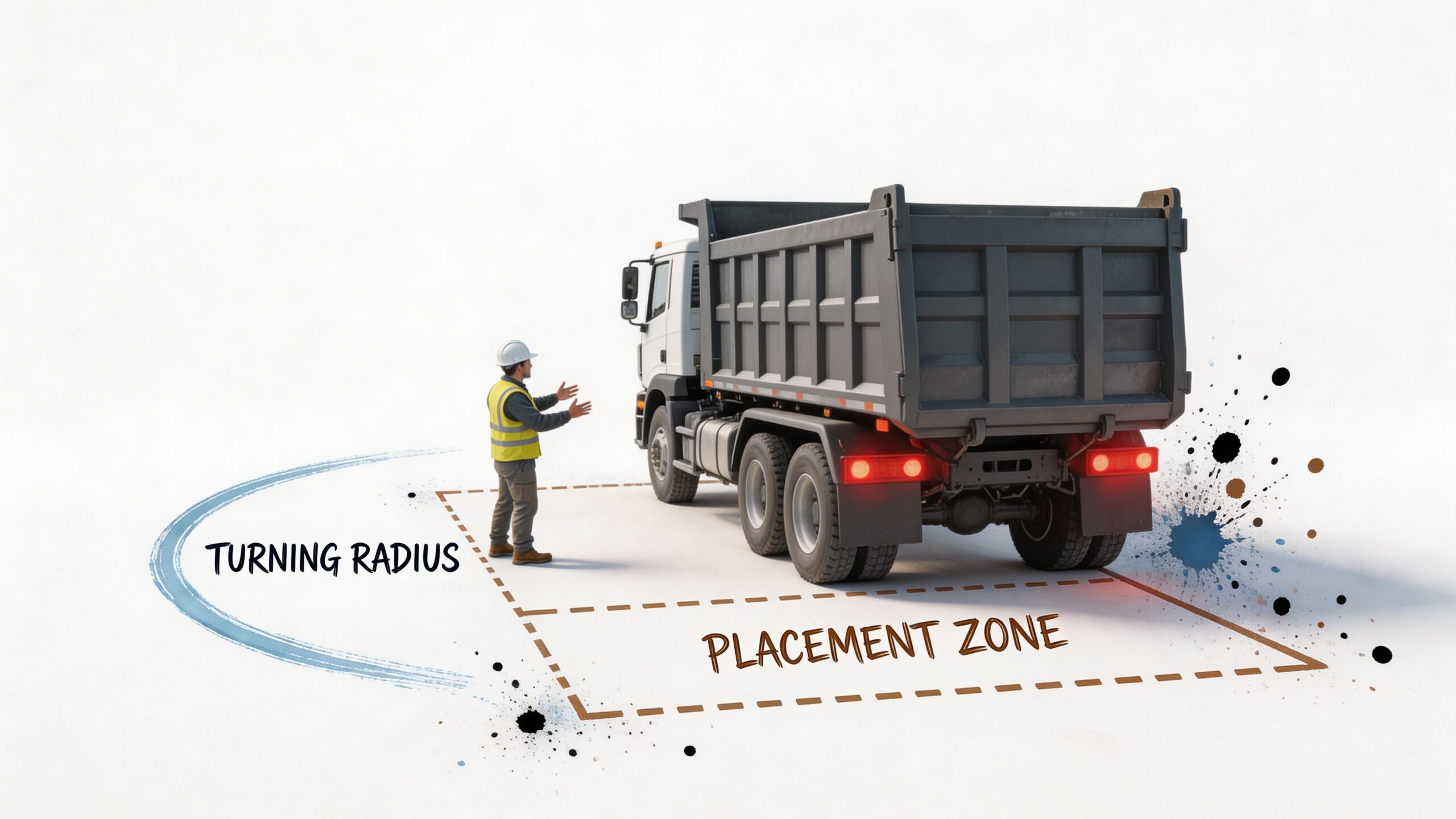 A construction worker directing a dump truck into a designated placement zone for debris collection and disposal.