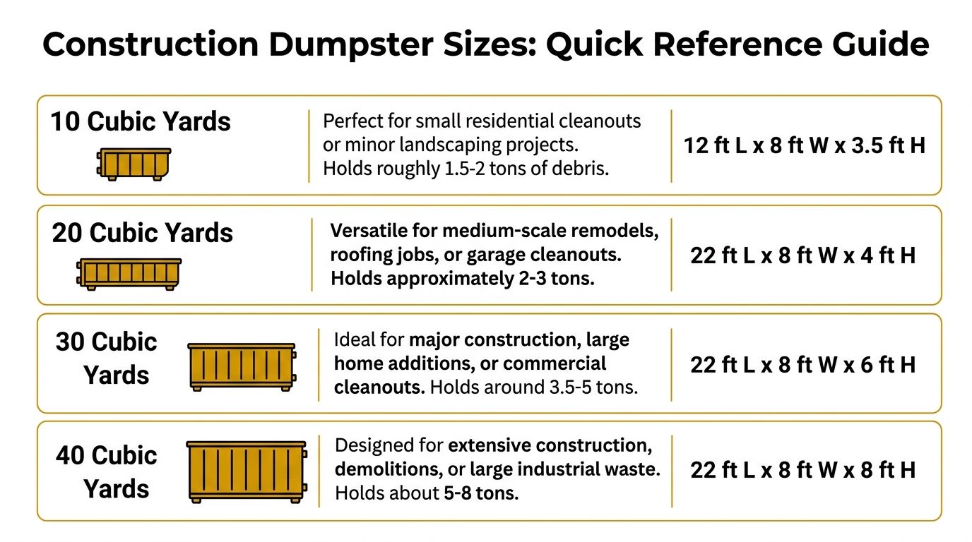 A quick reference chart detailing the dimensions, capacities, and recommended use cases for construction dumpster sizes.