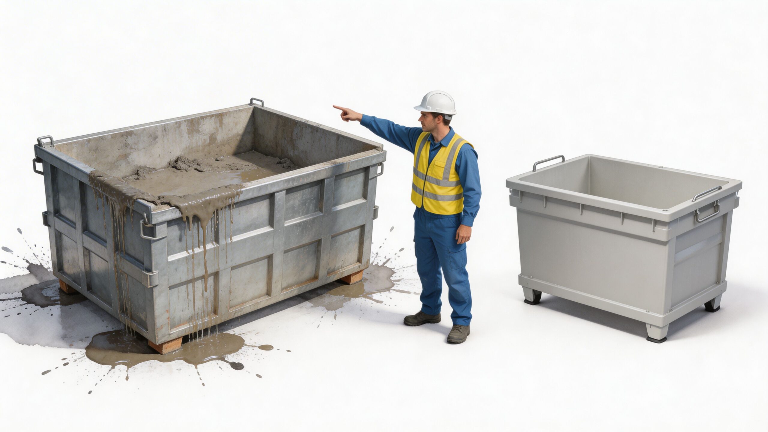 A construction worker in a hard hat points to a large industrial dumpster filled with wet concrete.