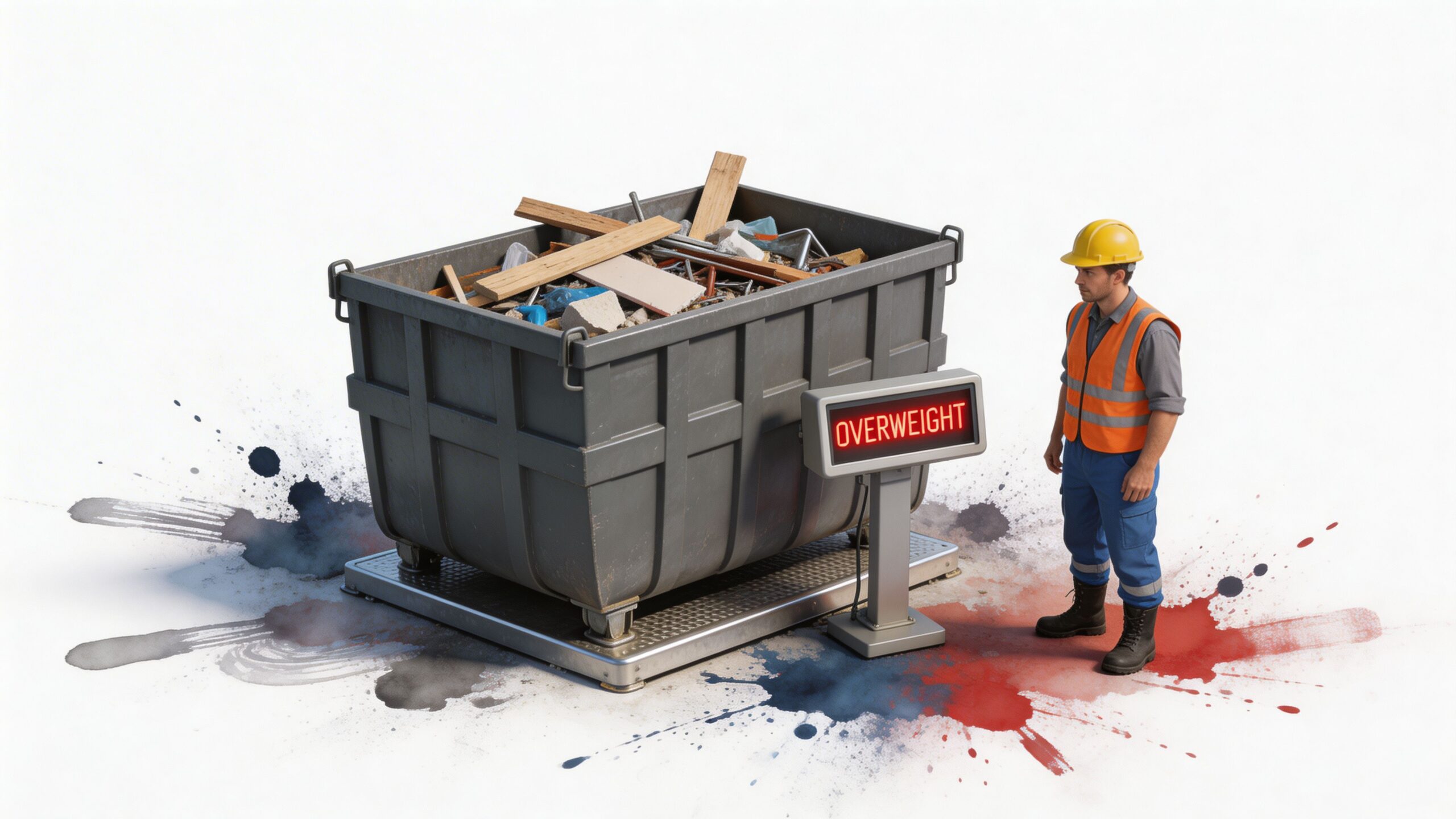 A construction worker standing next to an overweight dumpster filled with debris on a digital scale.