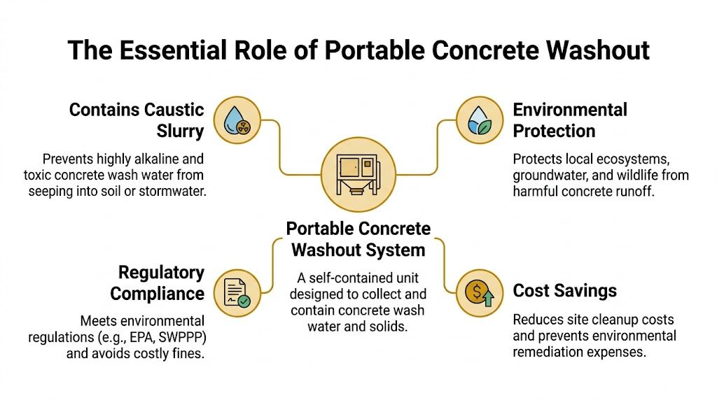 An infographic detailing the benefits of using a portable concrete washout system for construction sites.