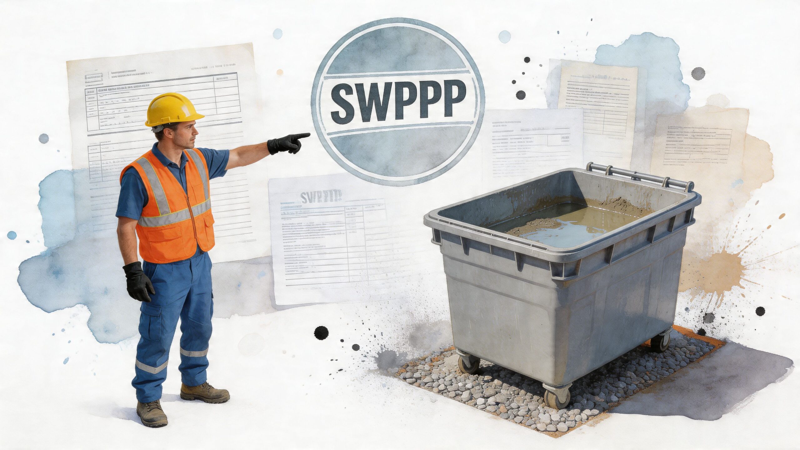 A construction worker in safety gear points towards a SWPPP sign and a portable concrete washout container.
