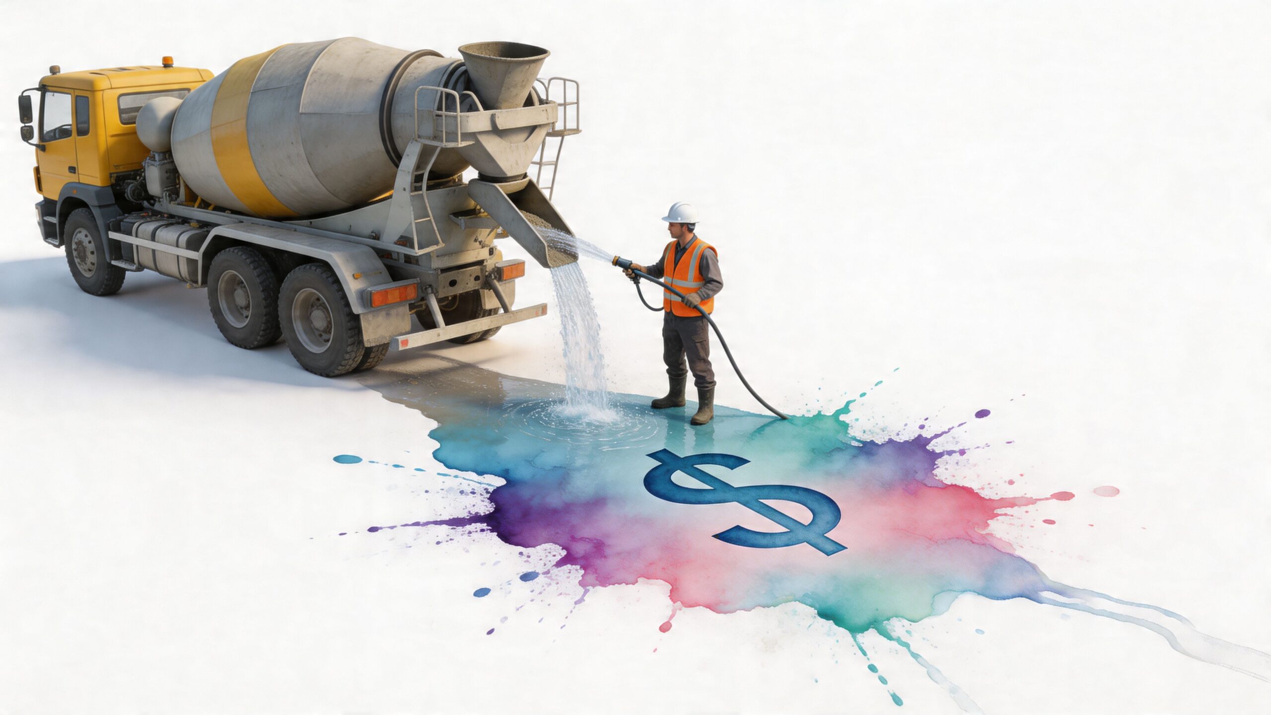 A construction worker washes a colorful dollar sign symbol using a hose attached to a concrete truck.