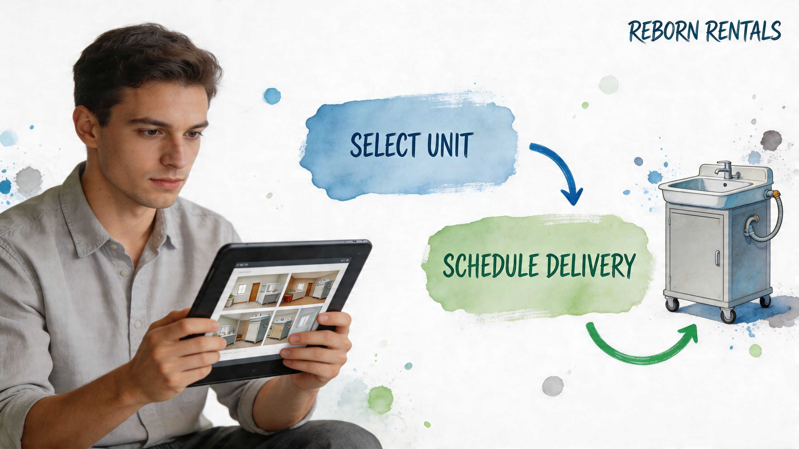 A man looking at a tablet showing portable sink units next to a delivery process diagram.