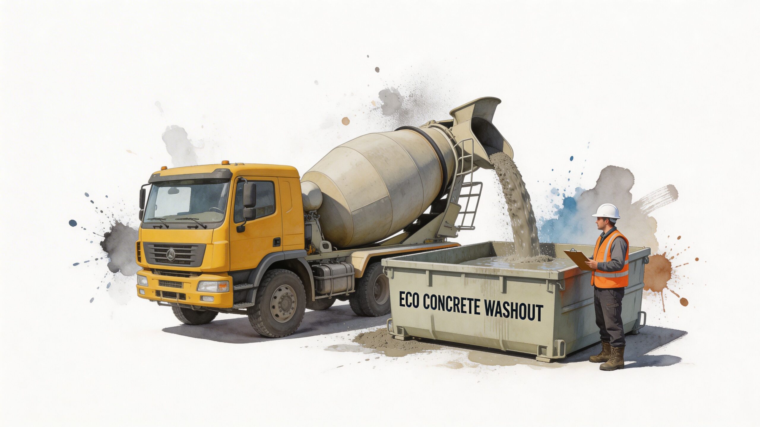 A yellow concrete mixer truck pouring waste into an eco concrete washout dumpster at a construction site.
