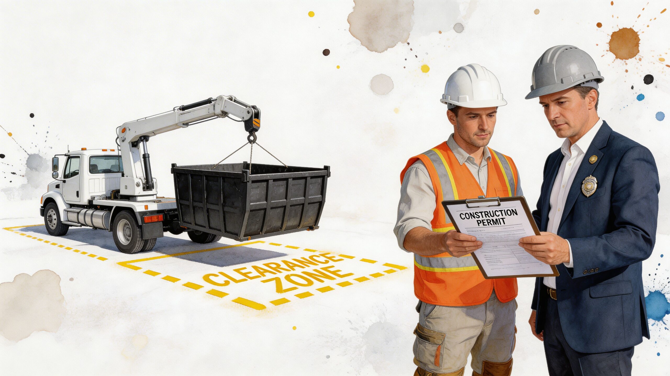 A construction worker and an official reviewing a construction permit near a dumpster truck and clearance zone.