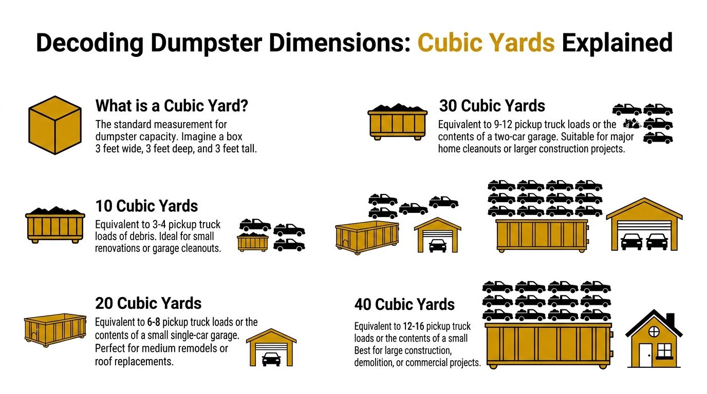 An infographic titled Decoding Dumpster Dimensions showing the volume capacity of various dumpster sizes in cubic yards.
