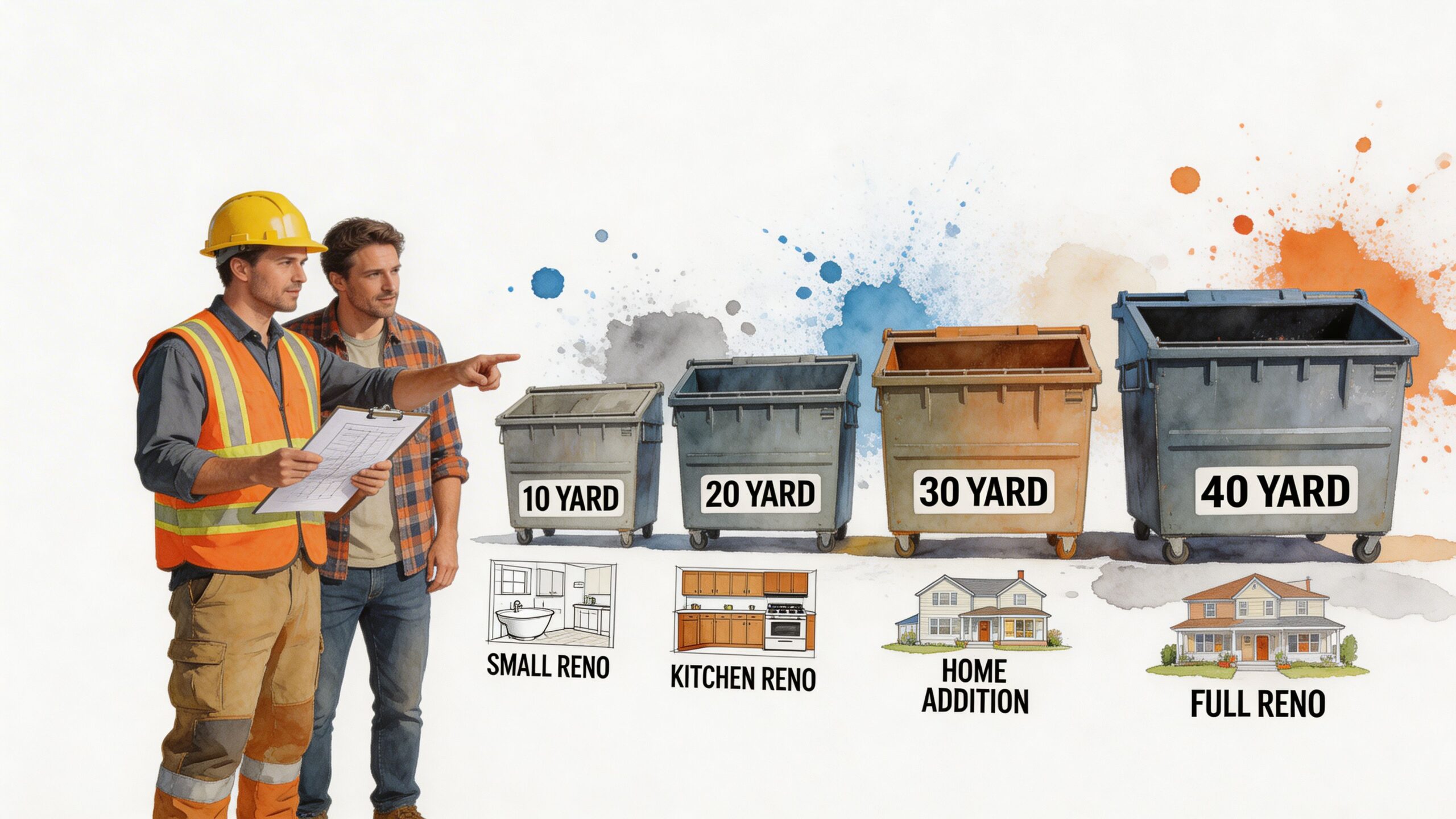 A construction worker and client comparing different sizes of dumpsters for various home renovation projects.