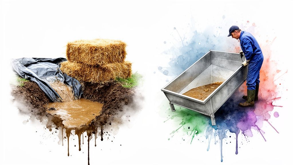 Agricultural runoff flows from straw bales into mud, while a worker inspects brown liquid in a large trough.