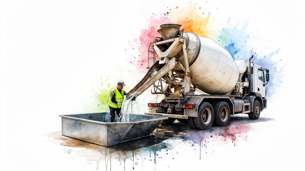 A construction worker helps a concrete mixer truck discharge water into a large metal container.