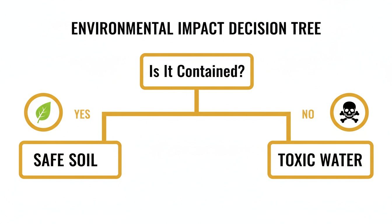 Environmental impact decision tree diagram showing containment leads to safe soil, or lack thereof to toxic water.
