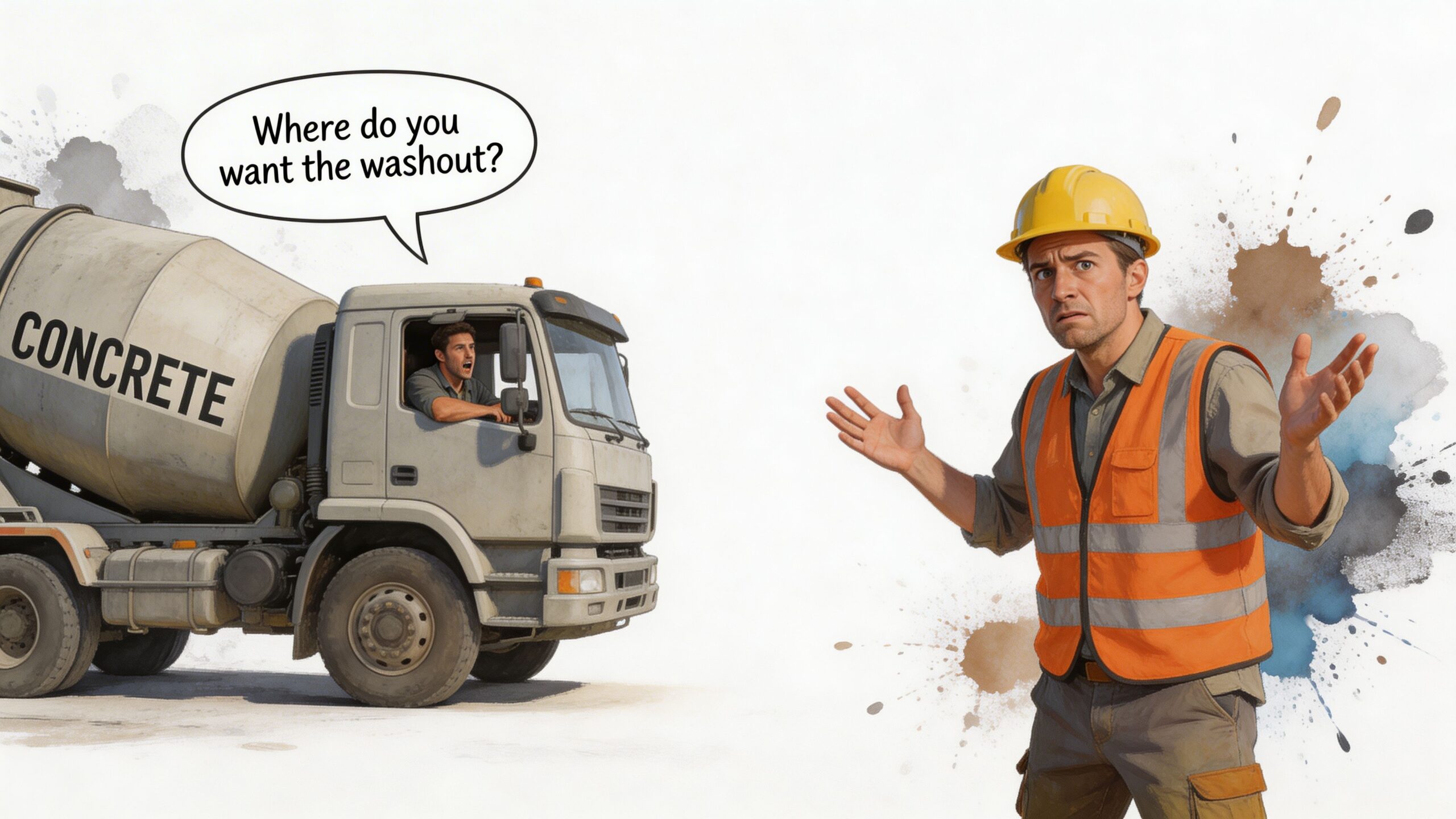 A concrete truck driver asks a confused construction worker where to place the concrete washout pan.