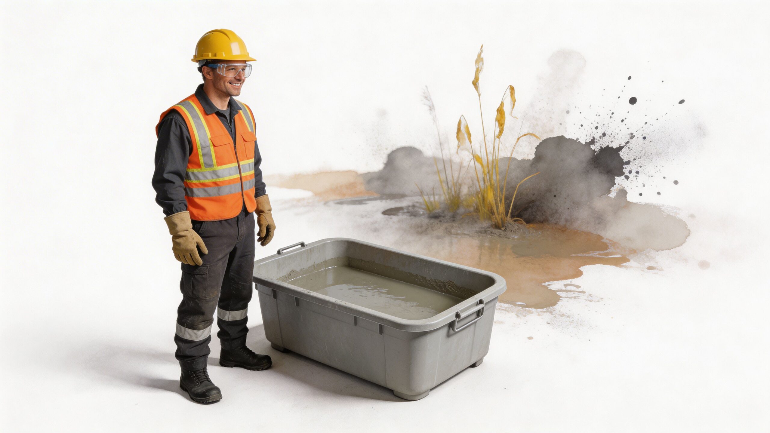 A construction worker standing next to a grey concrete washout pan with an artistic splash background.