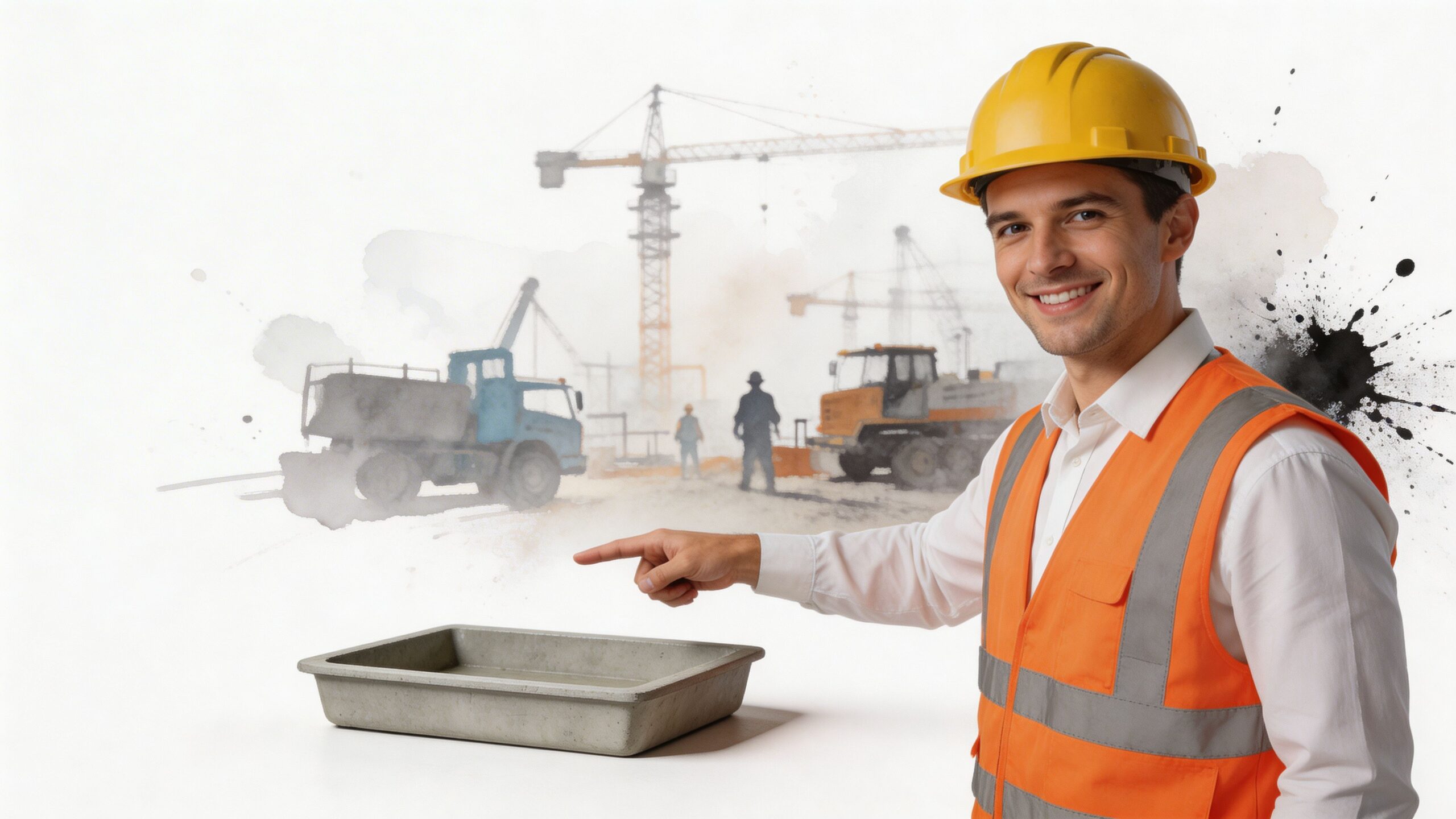 A smiling construction worker in a hard hat and safety vest pointing toward a concrete washout pan.