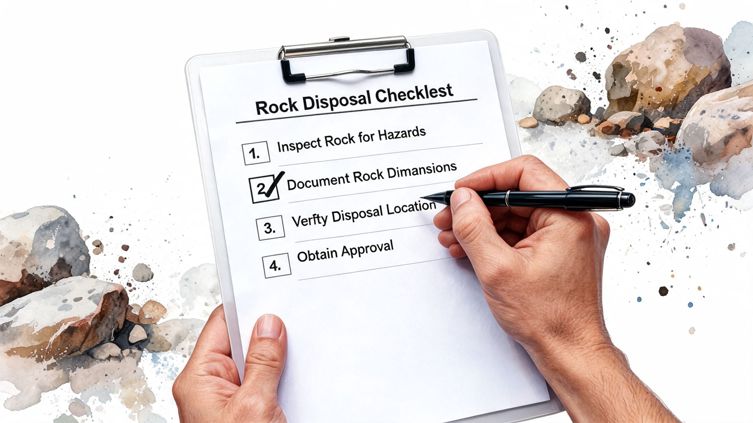 A person holding a clipboard with a rock disposal checklist and checking off a completed task.