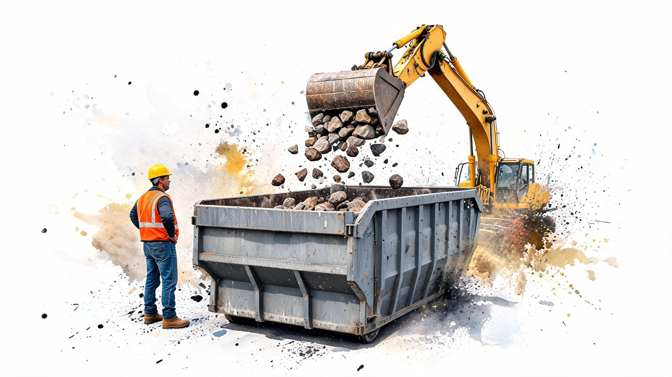 A construction worker in safety gear watches an excavator load rocks into a large industrial dumpster.