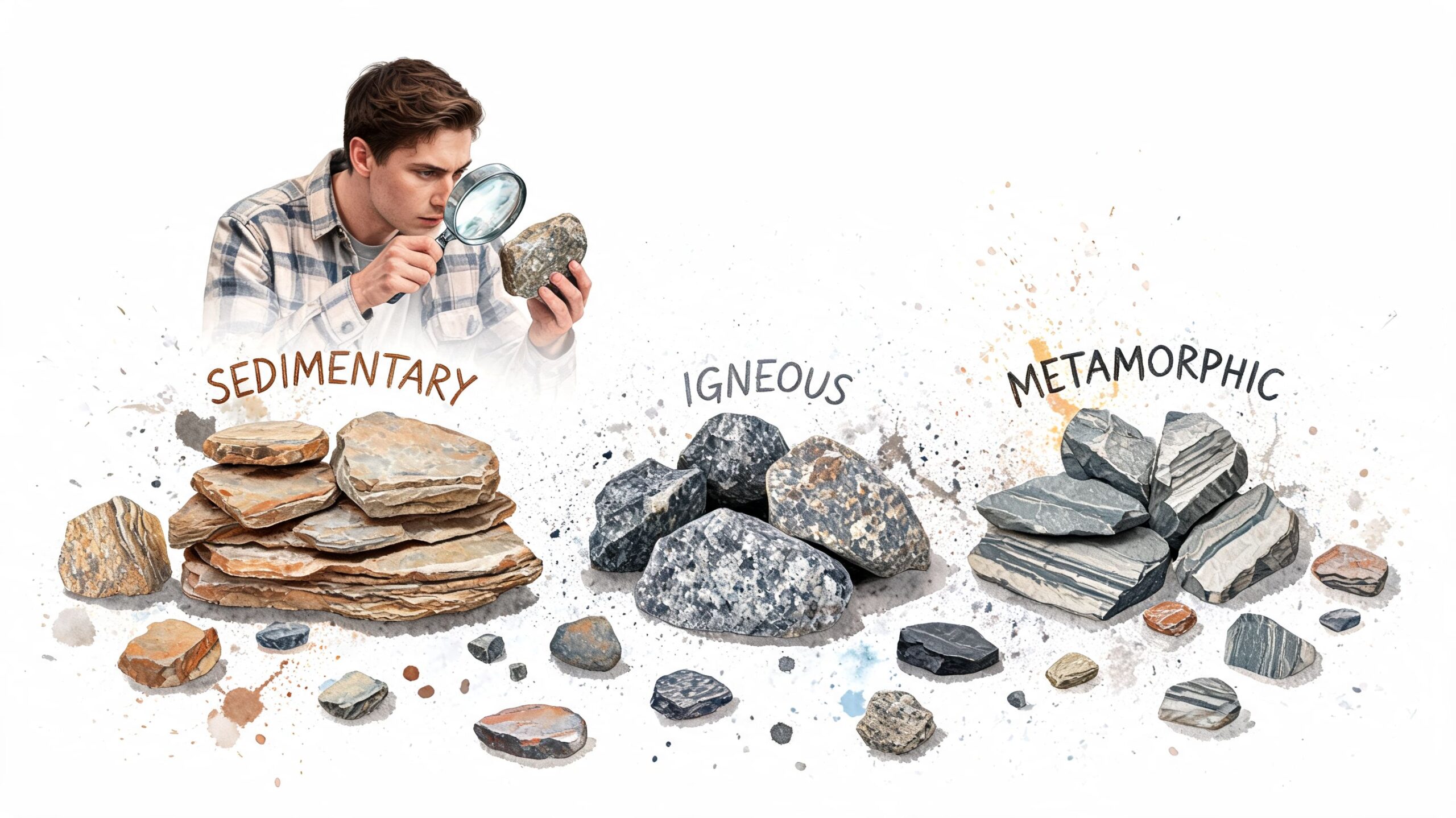 A young geologist examining a rock with a magnifying glass beside piles of sedimentary, igneous, and metamorphic rocks.