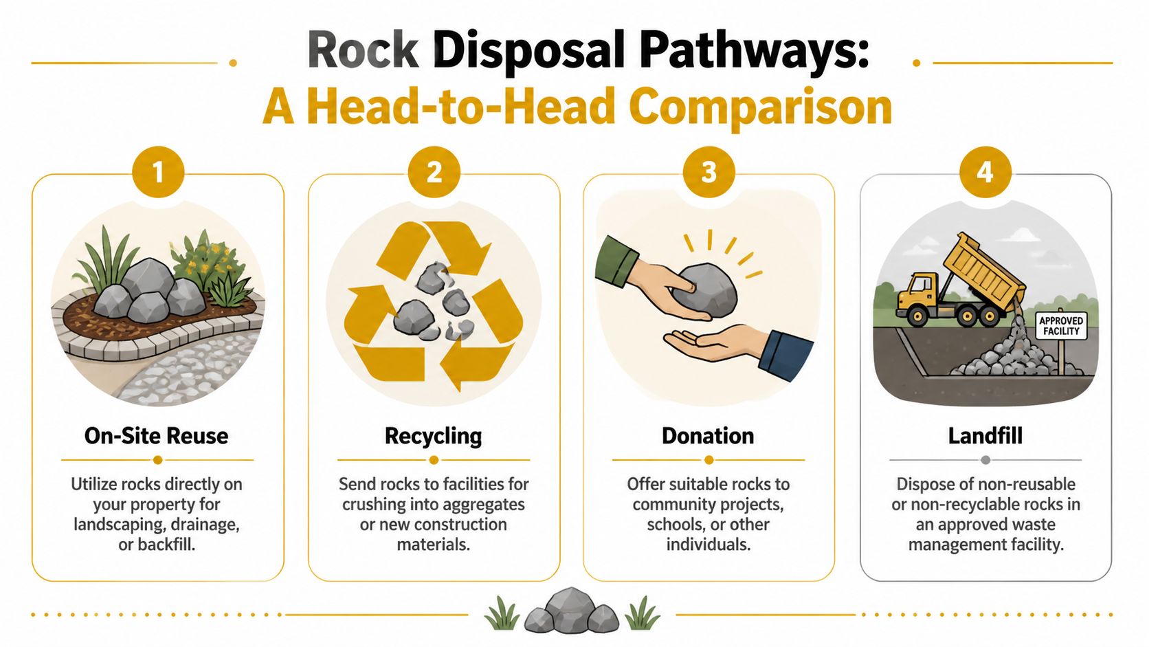 An infographic showing four sustainable methods for disposing of rocks including reuse, recycling, donation, and landfill.