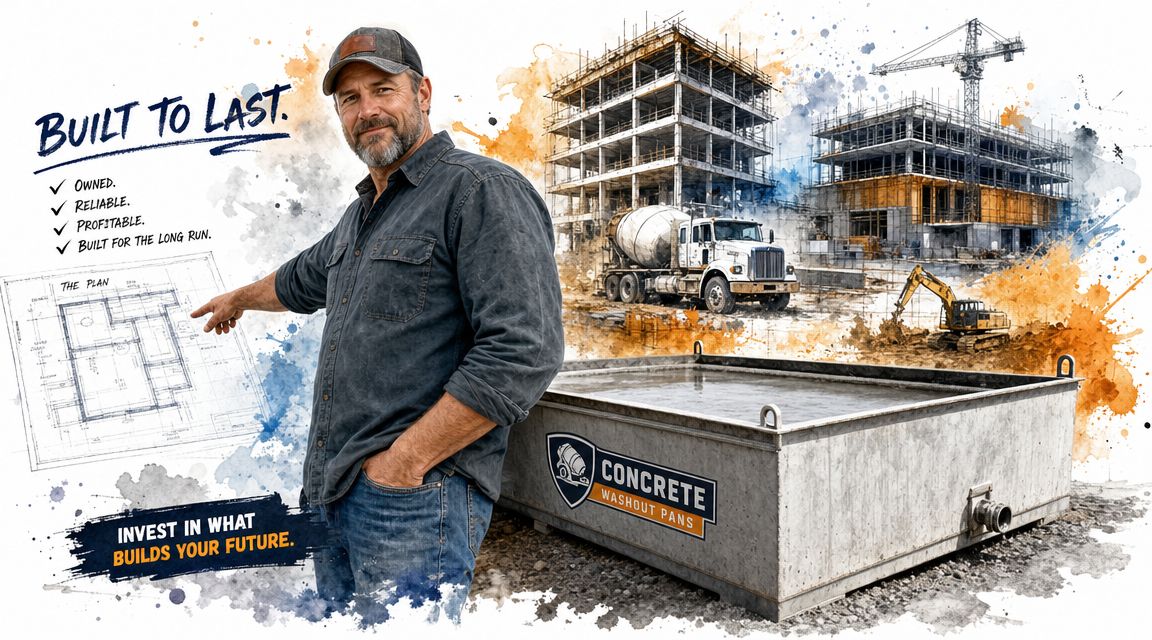 A construction professional points to blueprints next to a durable concrete washout pan on a building site.