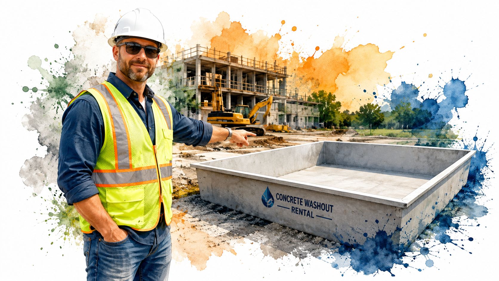A construction site manager pointing at a metal concrete washout rental bin on a building site.