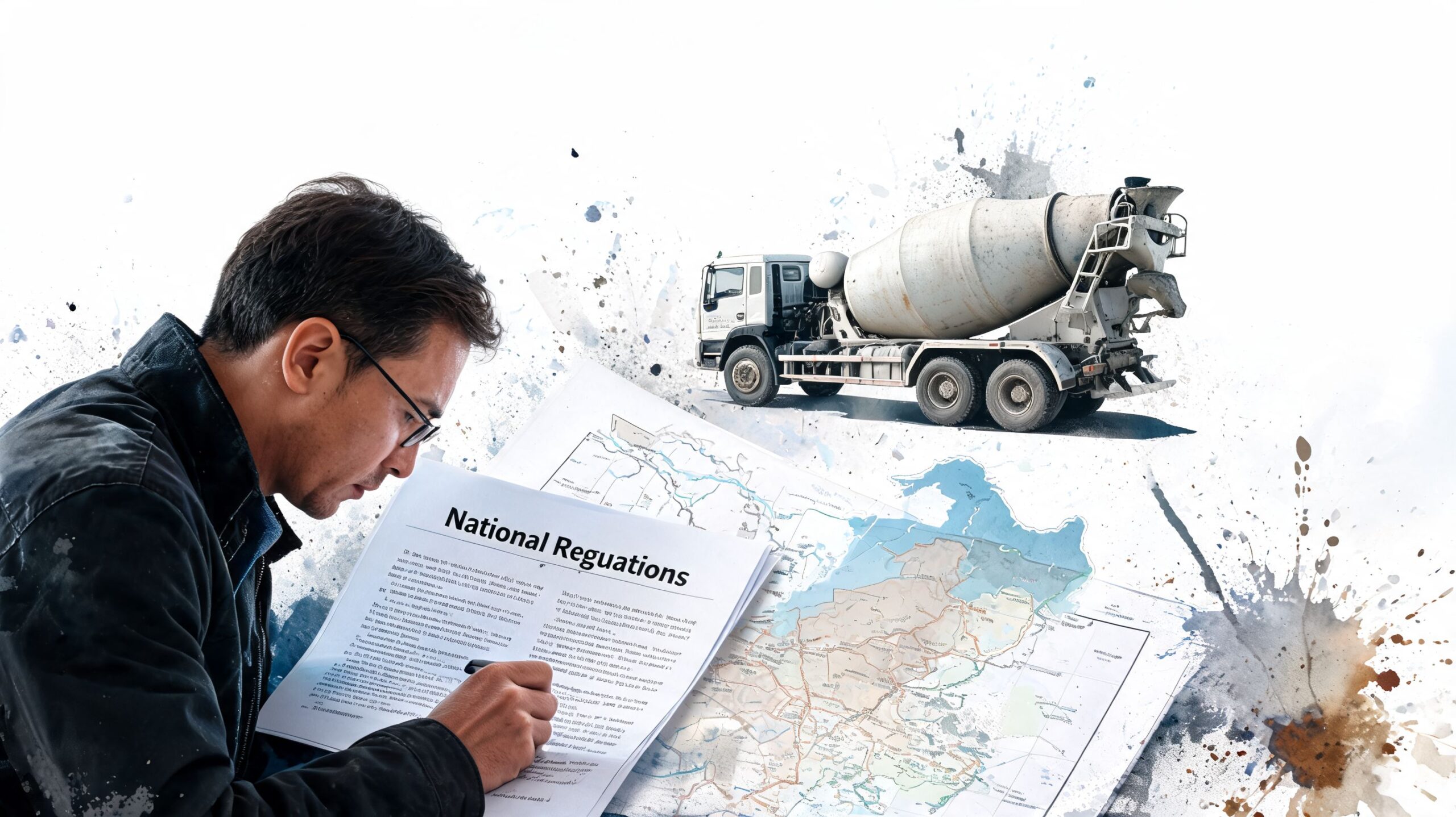 A professional analyzing national regulations documents with a construction map and a concrete mixer truck nearby.