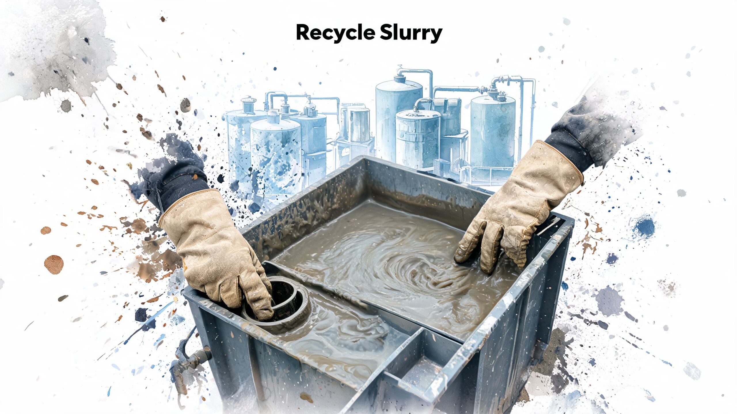 Worker in gloves managing industrial slurry recycling for concrete washout systems in a facility.