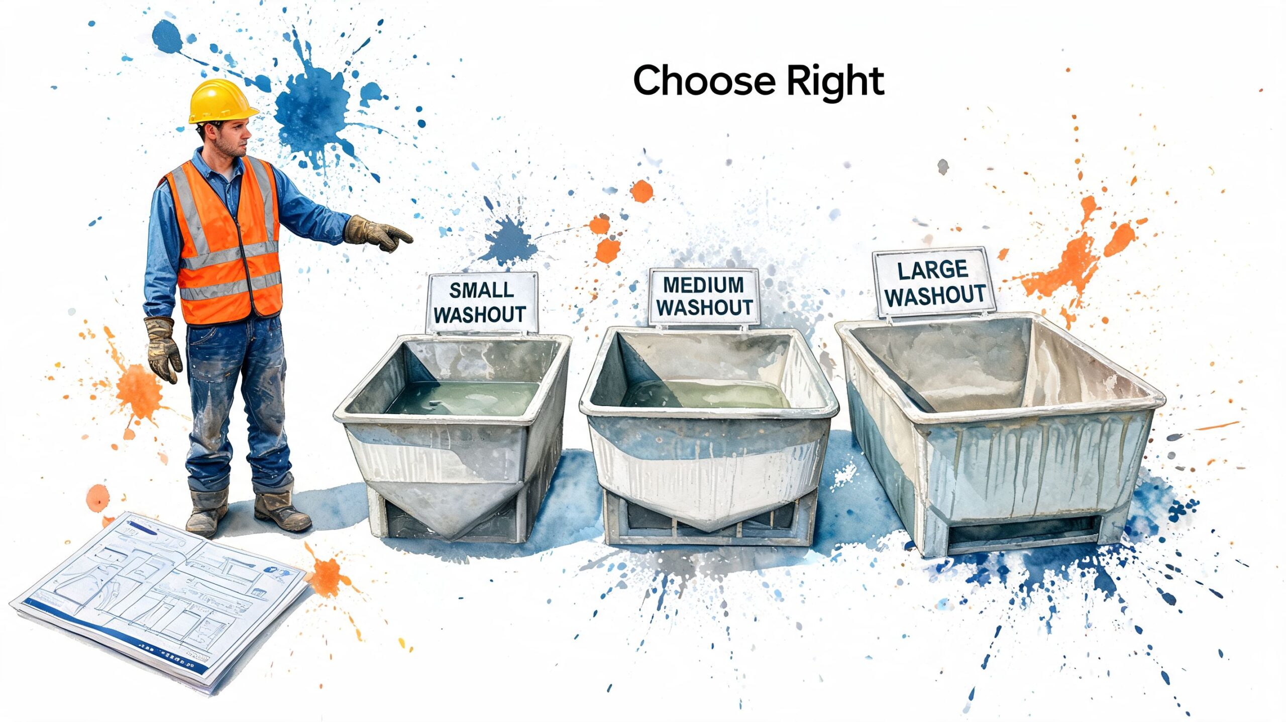 A construction worker in a safety vest pointing towards three different sized concrete washout bins.