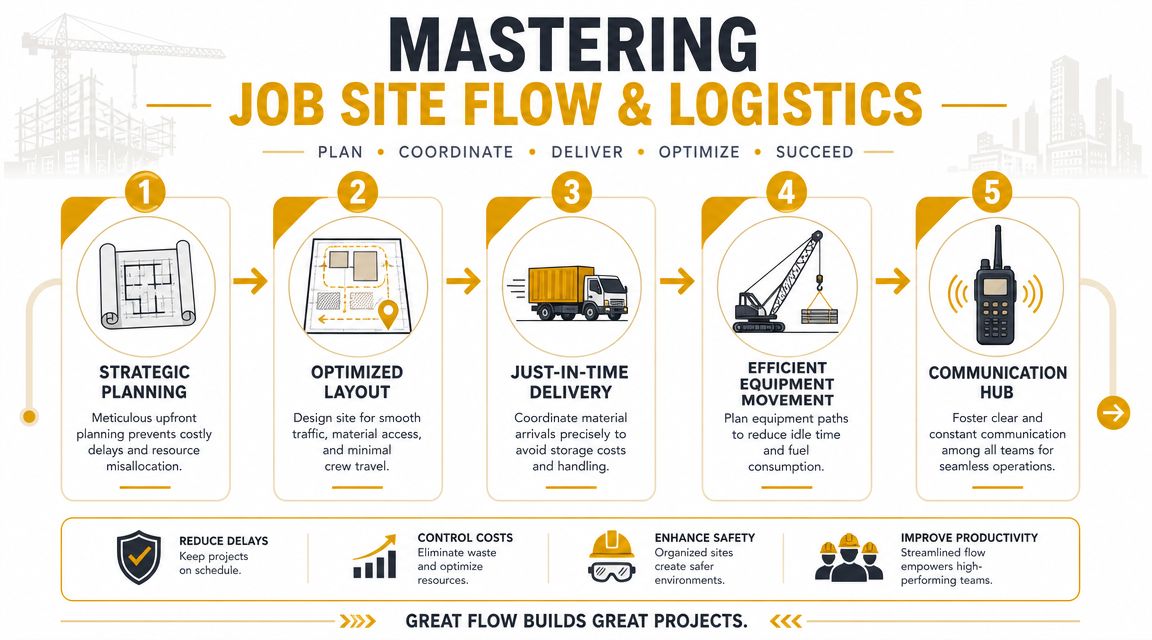An infographic illustrating five steps to master construction job site flow and logistics for better project management.