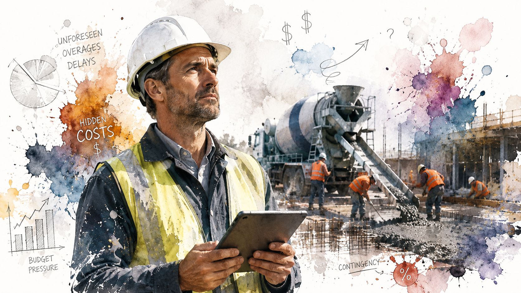A construction manager holding a tablet on a work site, surrounded by illustrations of financial budget pressure.