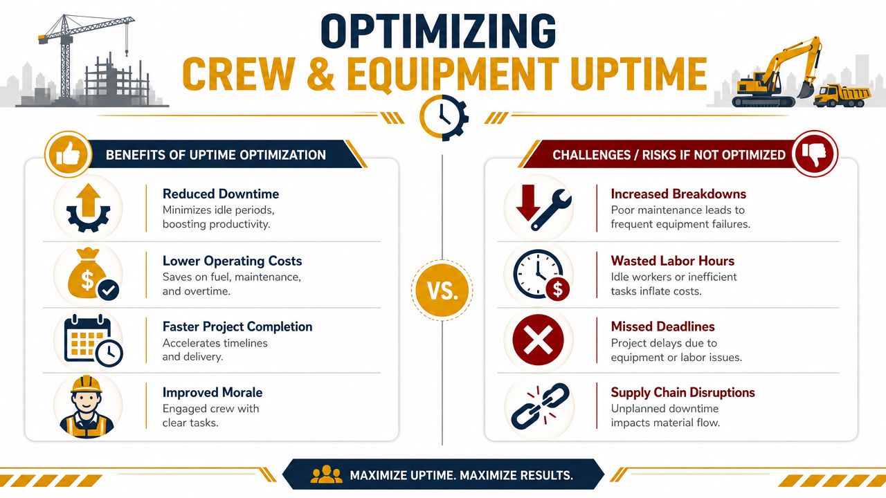 An infographic comparing the benefits and challenges of optimizing construction crew and equipment uptime for better productivity.