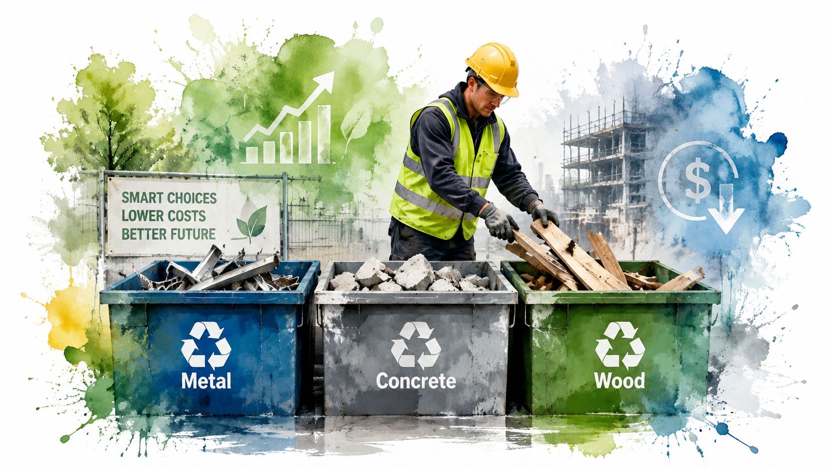 A construction worker sorting metal, concrete, and wood into separate recycling bins on a construction site.