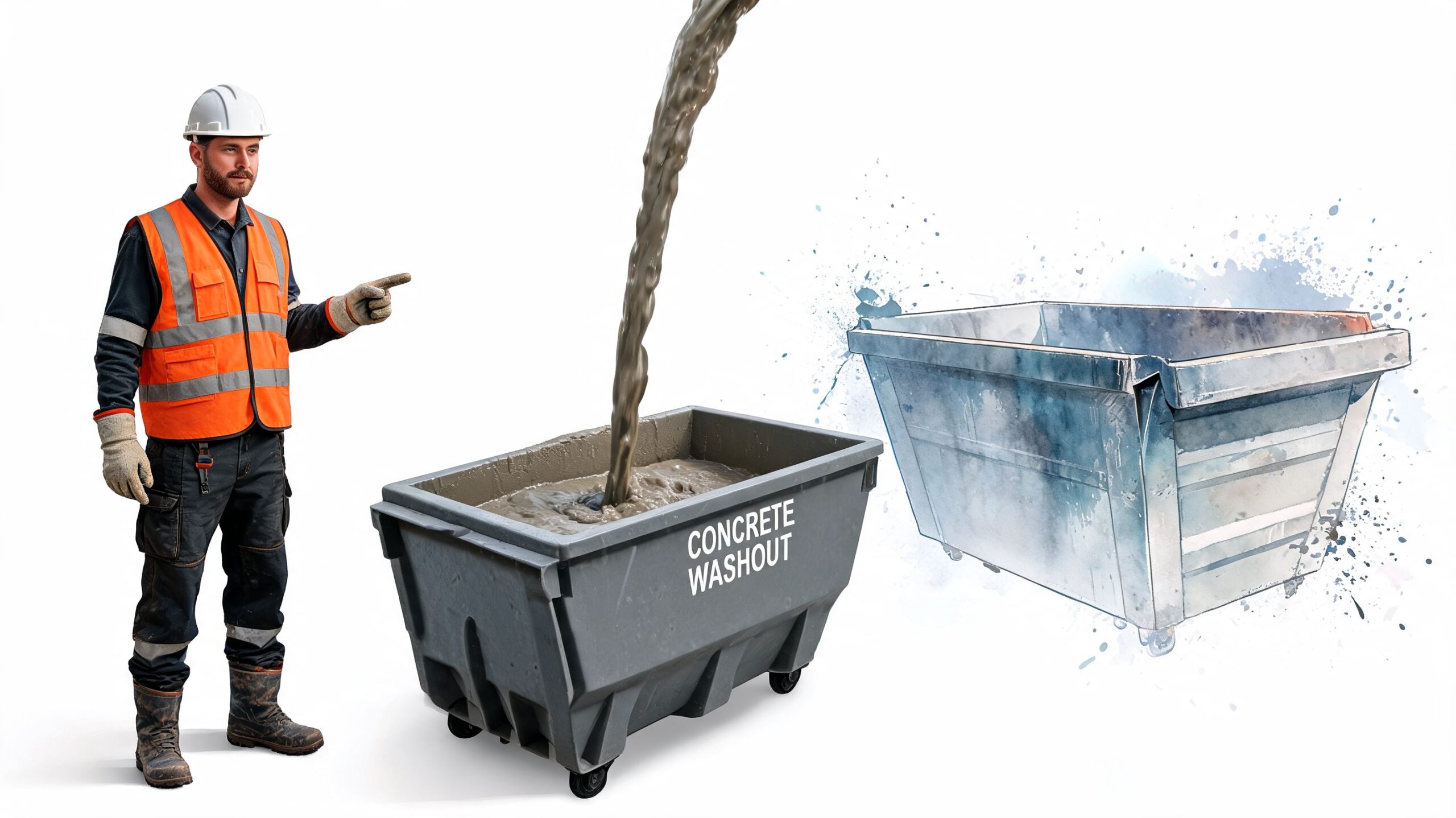 A construction worker pointing at a container for concrete washout as wet cement is poured into it.