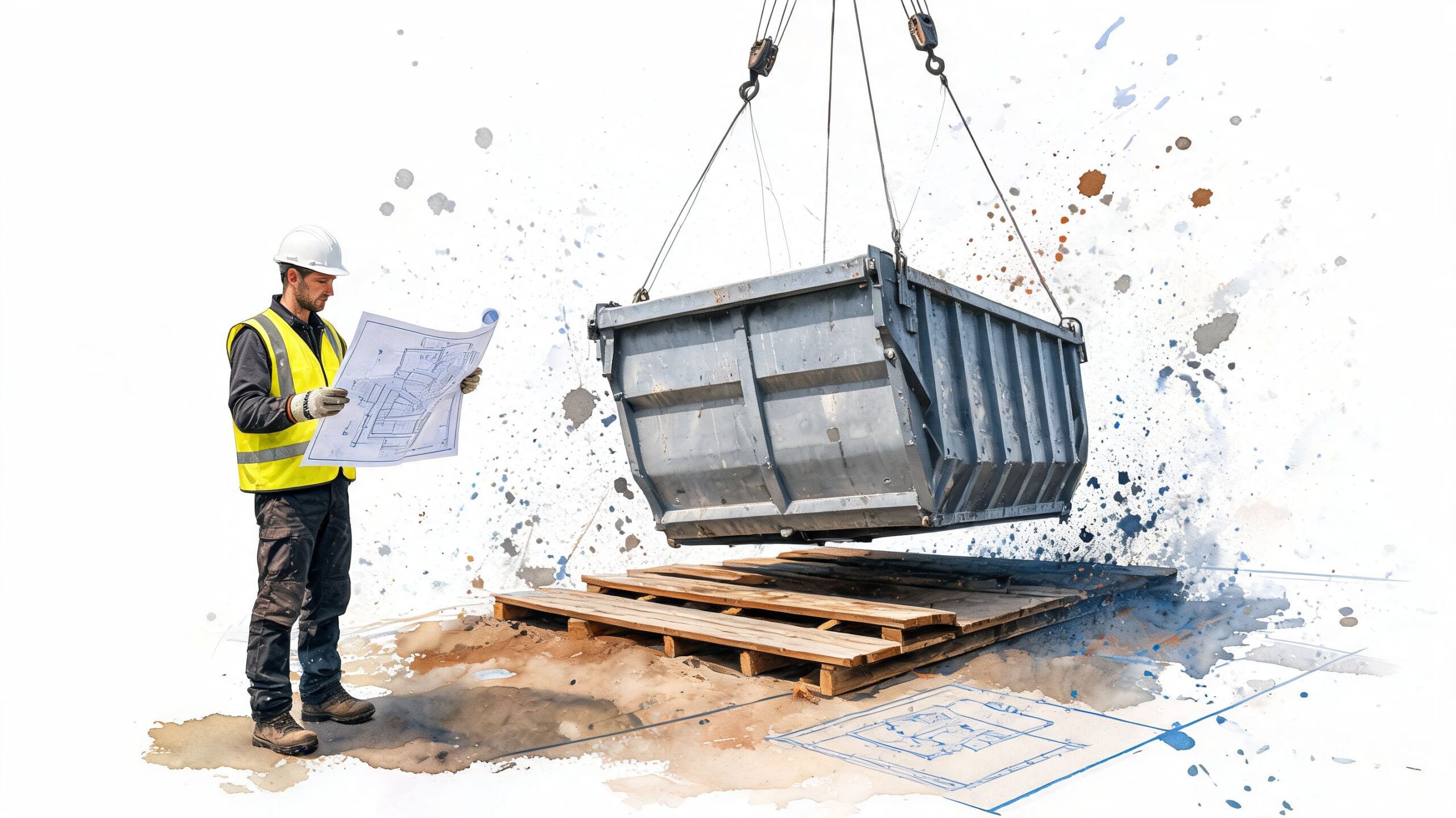 A construction worker in a hard hat and safety vest reviews blueprints near a suspended dumpster container.