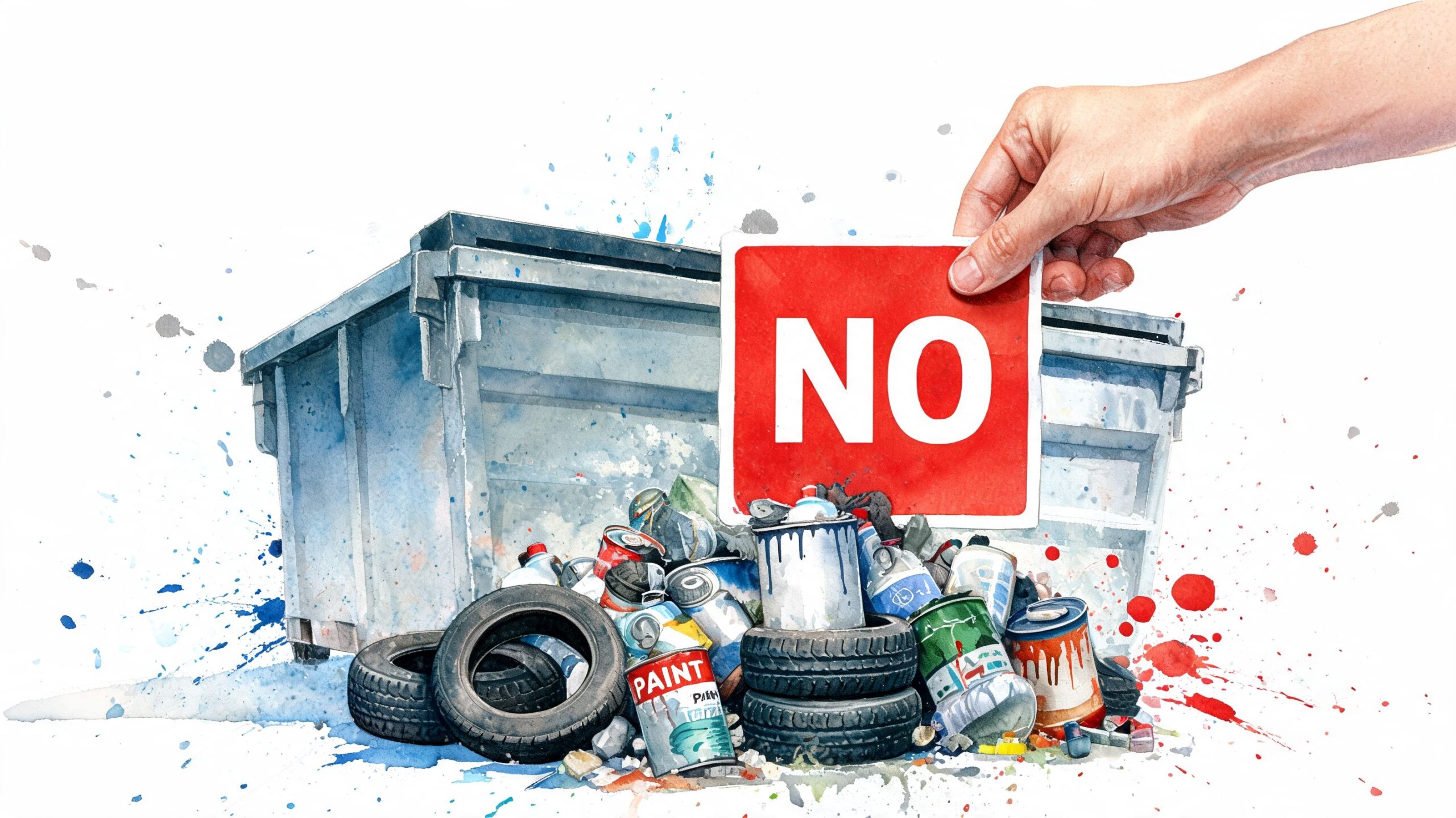 A hand holds a sign saying No in front of a dumpster filled with illegal hazardous waste.