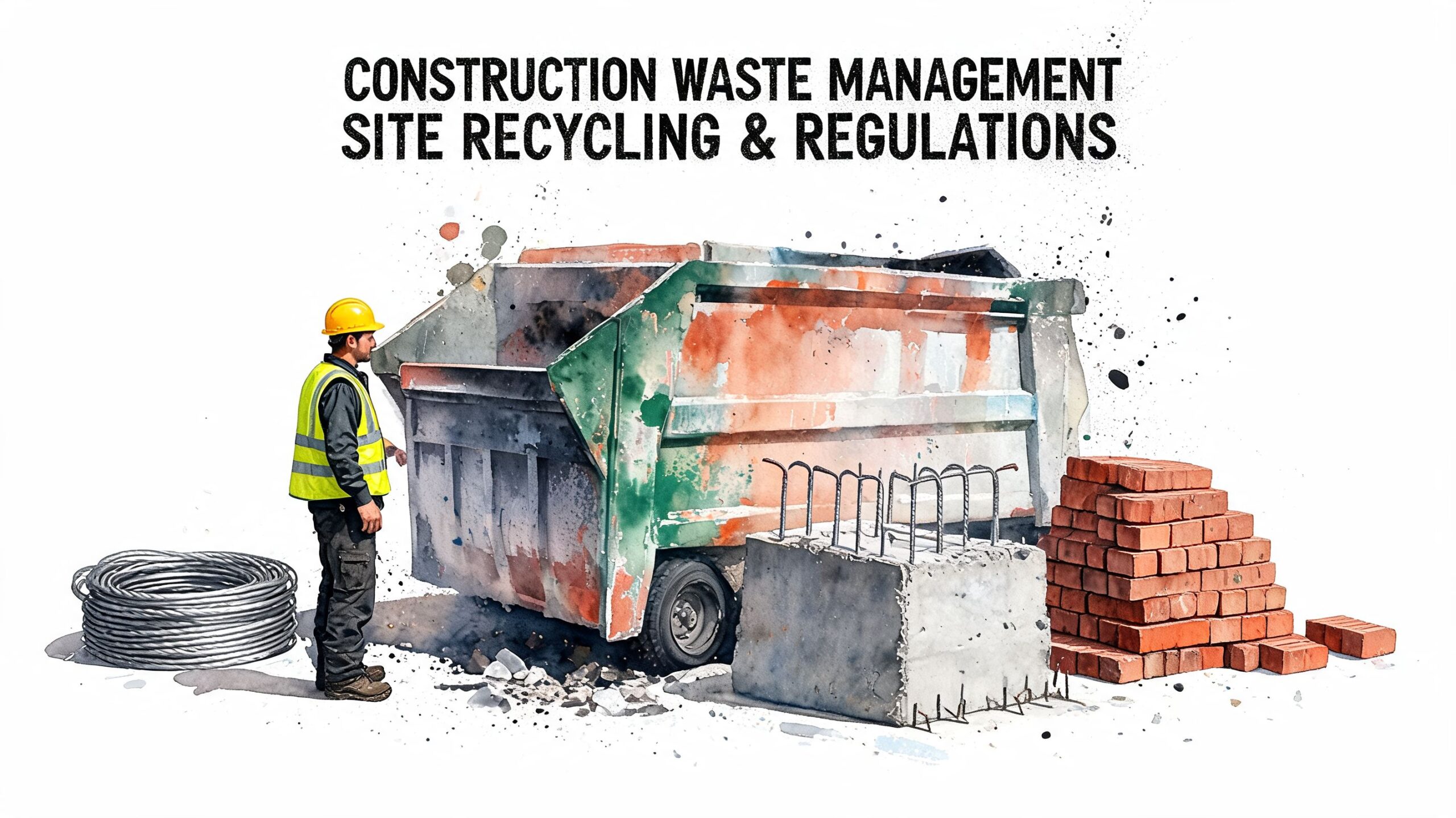 A construction worker standing next to a large dumpster on a site with bricks and wires.