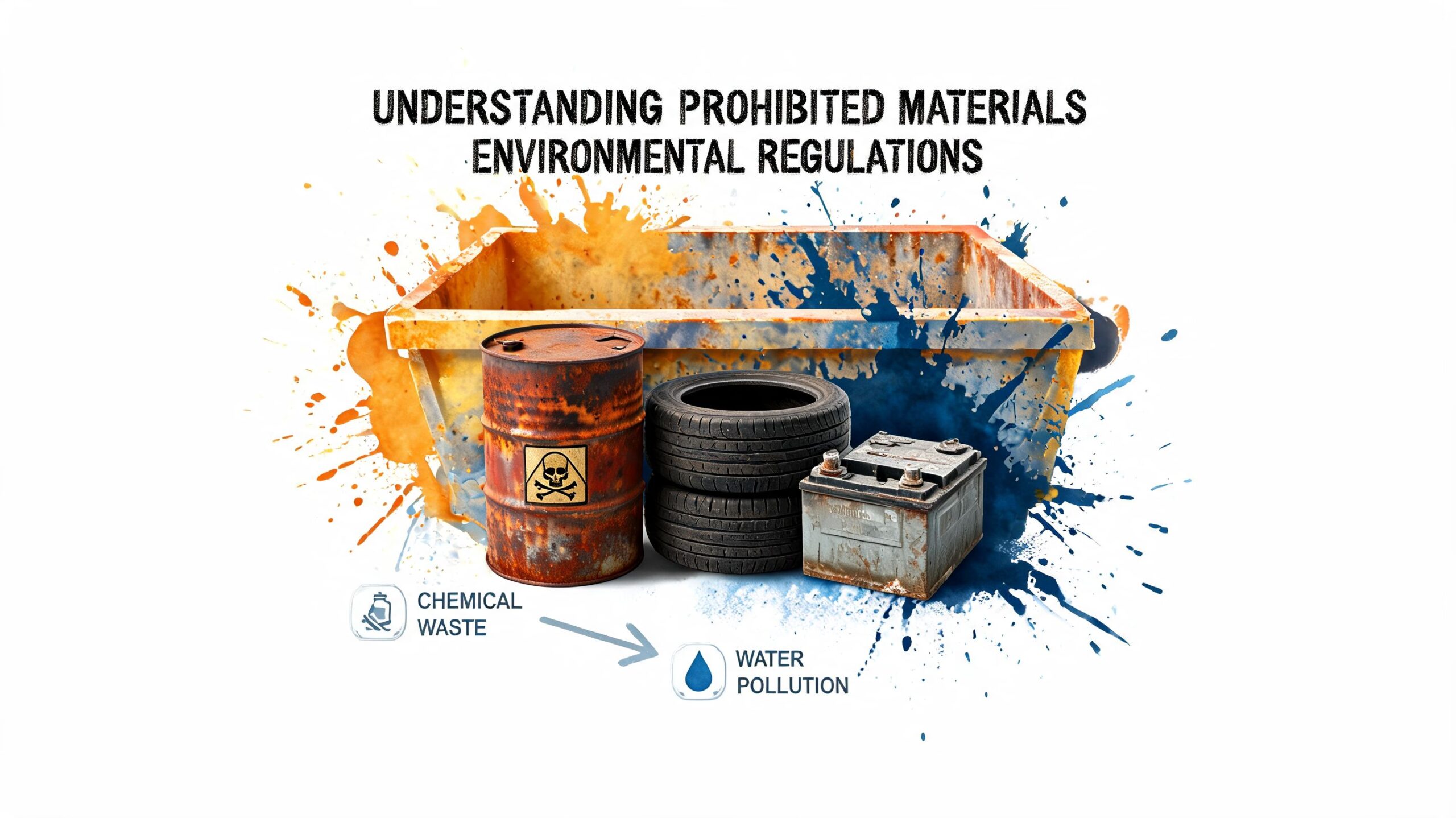 A dumpster containing prohibited items including a rusty chemical barrel, old tires, and a lead acid battery.