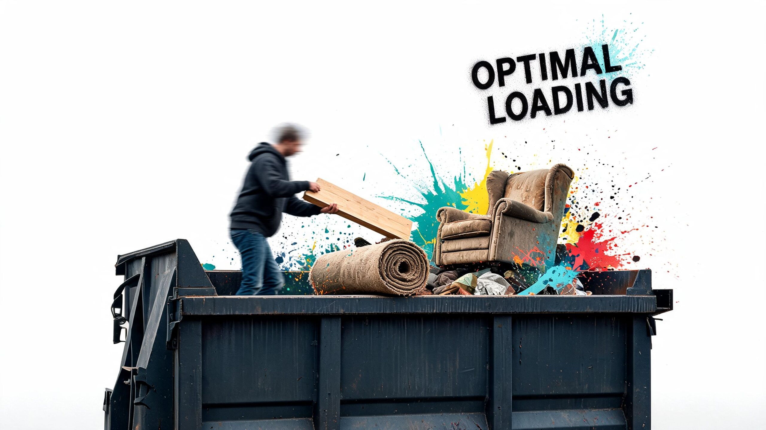 A person loading furniture and debris into a large dumpster rental for waste disposal services.